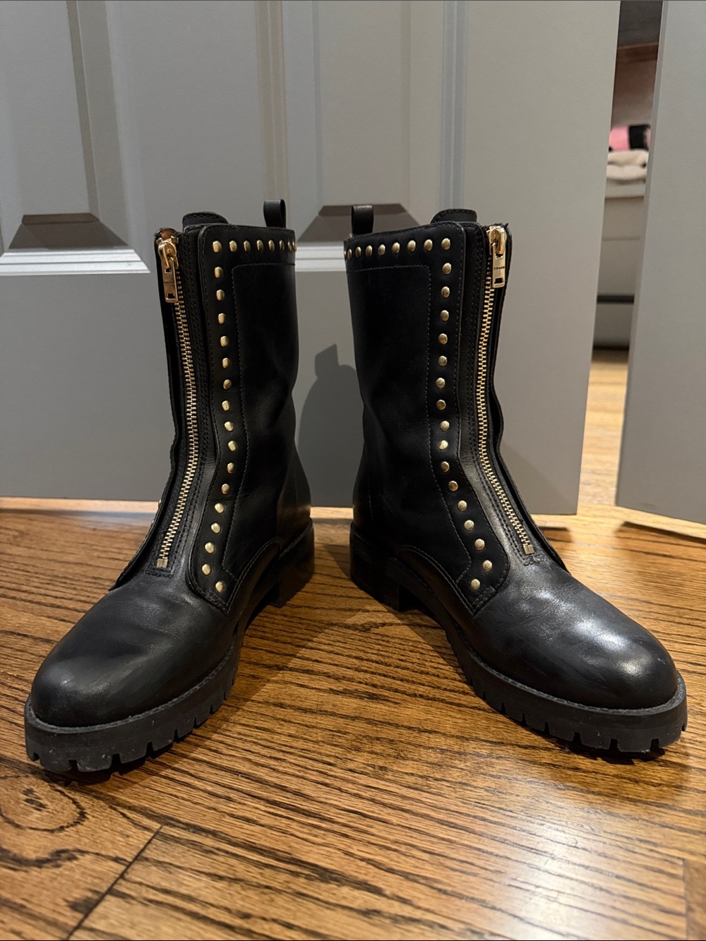 Coach Black Leather Combat Boots with Gold Studs and Front Zipper